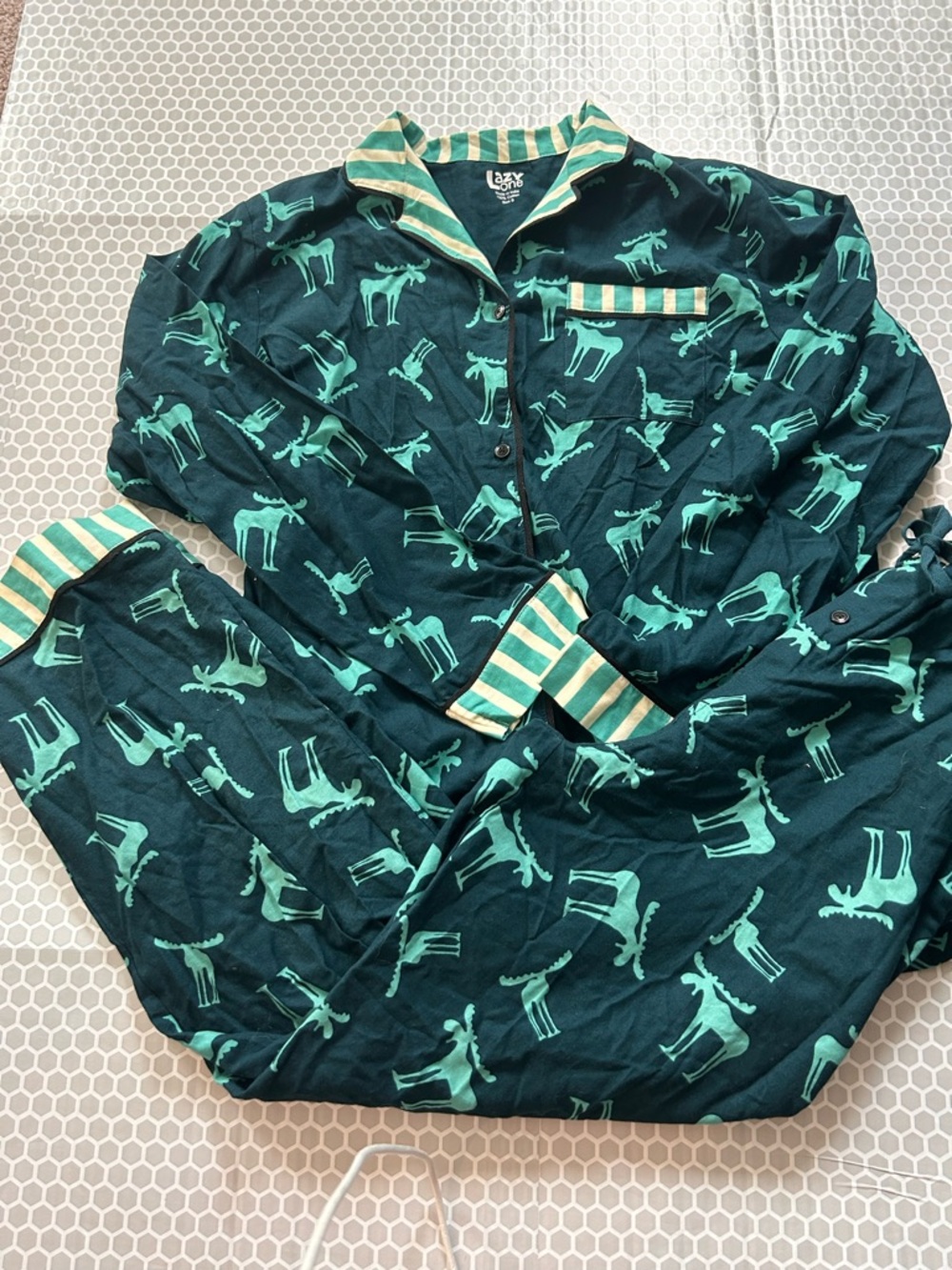Lazy One Dark Green Moose Print Pajama Set with Mint Accents Cotton Size S